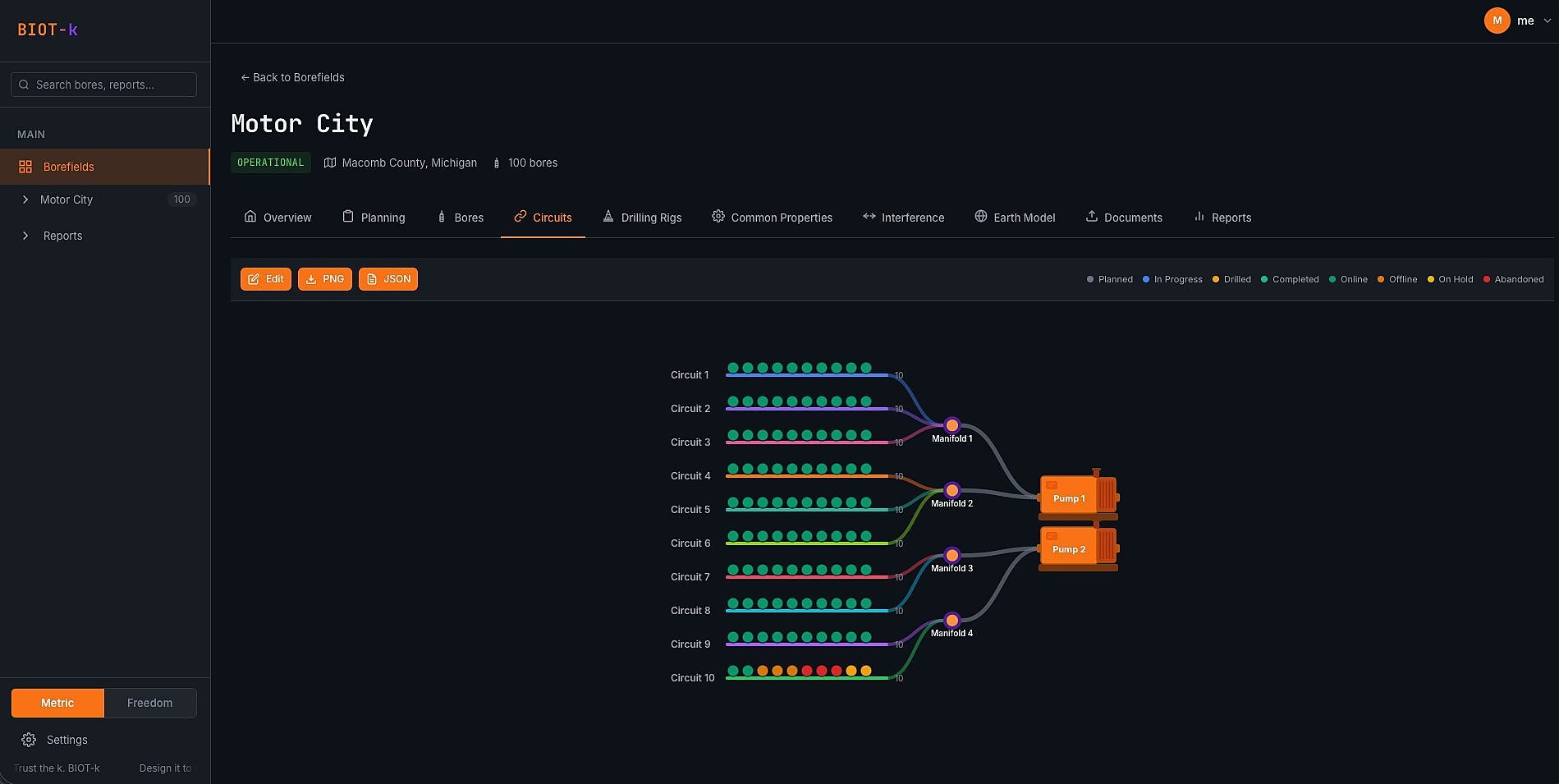 BIOT-k circuit visualization — subway-style borefield network diagram