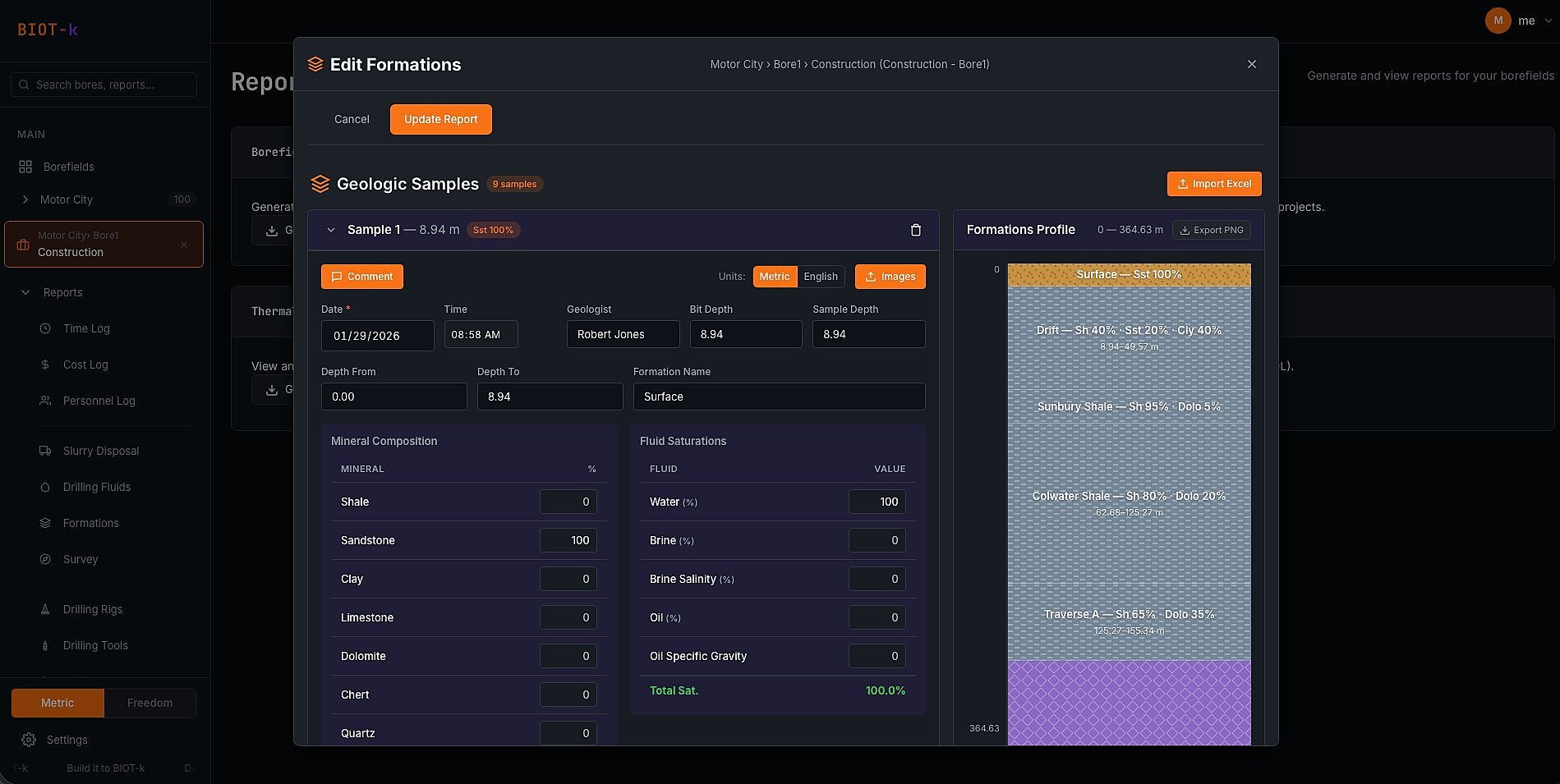 BIOT-k geologic sample data entry with formations profile