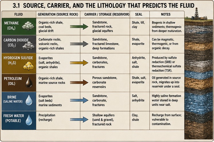 Source, Carrier, and the Lithology That Predicts the Fluid