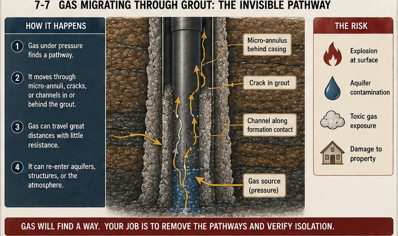 Gas migrating through the grout column