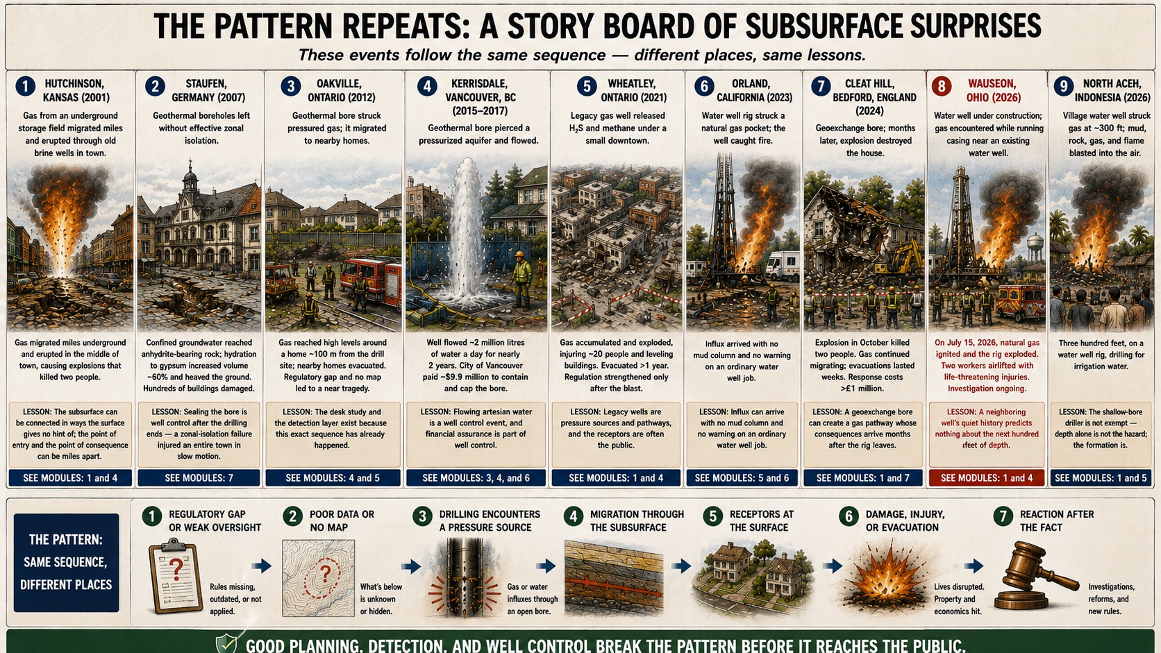 The pattern repeats: a chronological storyboard of subsurface-surprise incidents and the common sequence they share